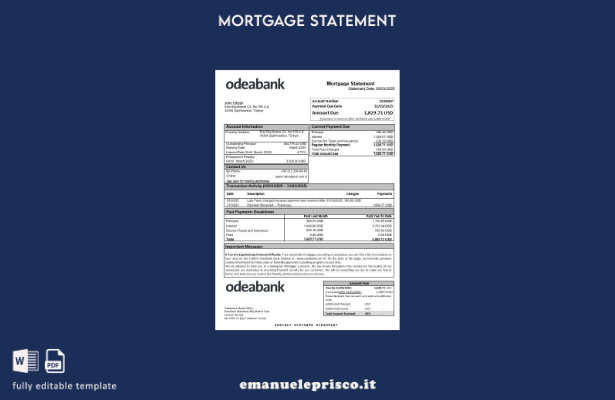 estratto conto del mutuo bancario turco Odeabank in stile verificato nel modello